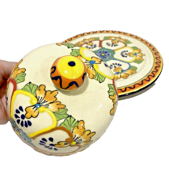 Unique Mexican Art Pottery Covered Dish Cheese Keeper Multicolor Mexico Folk Art - Picture 5 of 11